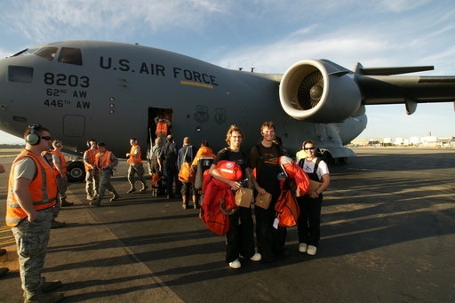 Boarding the C-17 Globemaster in Christchurch for the flight to Antarctica. Luke, Campbell and Yael are on the right. (click to enlarge)