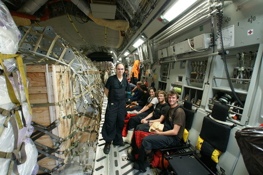 Inside the C-17, halfway to Antarctica. From left to right, Michael, Yael, Luke and Campbell. (click to enlarge)