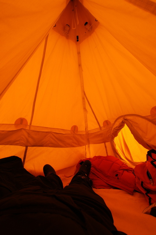 Inside a Scott tent. There is plenty of room to stand up, and it is quite possible to cook a meal in here. (click to enlarge)