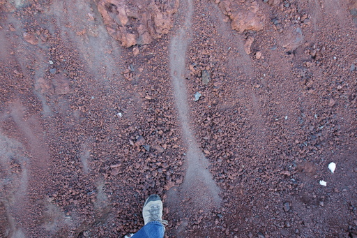 On the steep slopes of Observation Hill some of the finest particles flow down almost like water. This is somewhat reminiscent of structures seen on Mars. The colour appears Martian too. (click to enlarge)