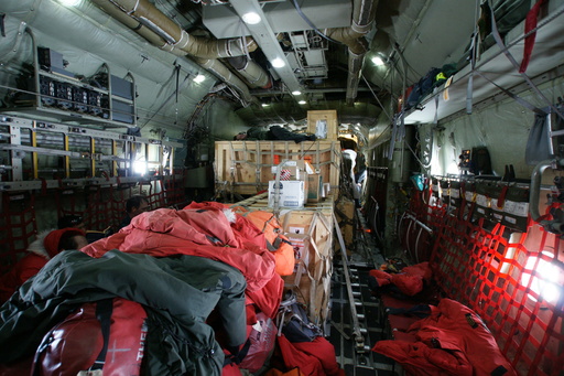 Inside our LC-130, half-way to Pole. Most of the passengers were at the back looking out through the windows. (click to enlarge)