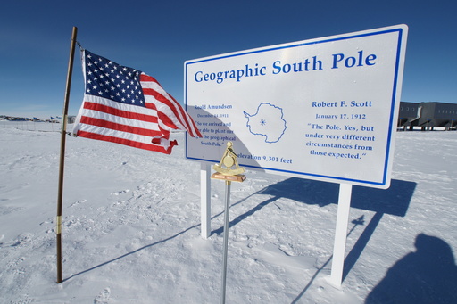 The Geographical South Pole. The brass marker indicates the position of the Pole at Jan 1, 2011, within a fraction of a metre. (click to enlarge)