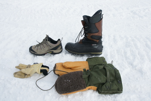 An example of some Extreme Cold Weather gear. The shoe and glove on the left are fine for -10C; the expedition boot and fur-backed gauntlets on the right are essential for -30C and below. (click to enlarge)
