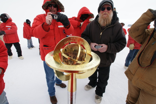 The new Geographical South Pole marker, a work of art. (click to enlarge)