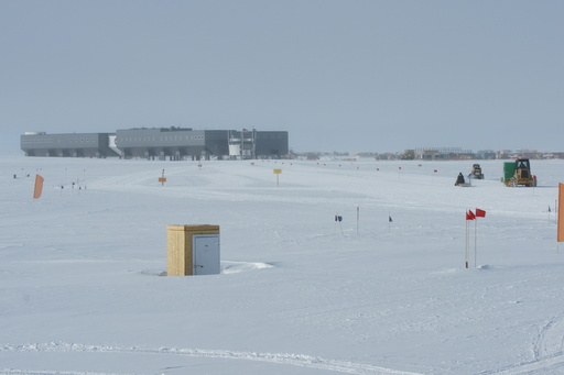 PLATO-R (extreme right) being moved by tractor to the \'flight line\' near the station. (click to enlarge)