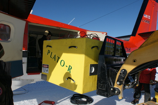The PLATO-R Instrument Module being loaded into the Twin Otter by fork-lift. It is a very neat fit. (click to enlarge)