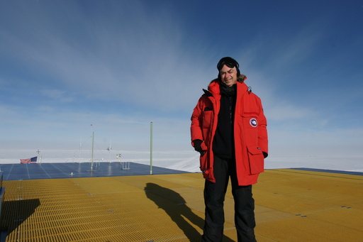 Me on the roof of the elevated building at South Pole, having just removed the Iridium aerial that I was using for communication with PLATO-R. I can confidently conclude that I am the southernmost human at this time. (click to enlarge)