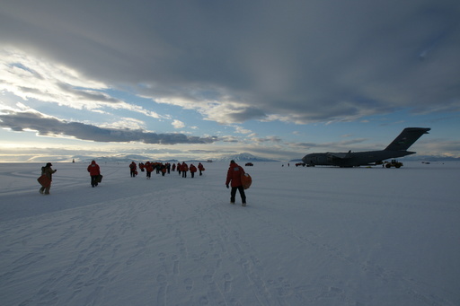 Walking towards our C-17 for the flight home. Pegasus skiway, McMurdo. (click to enlarge)