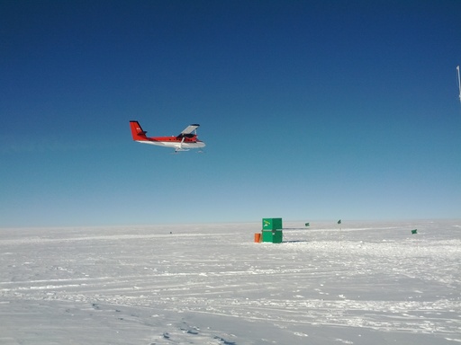The welcome Twin Otter coming to take the team home, flying over the PLATO-A Engine Module. CREDIT: Luke Bycroft. (click to enlarge)